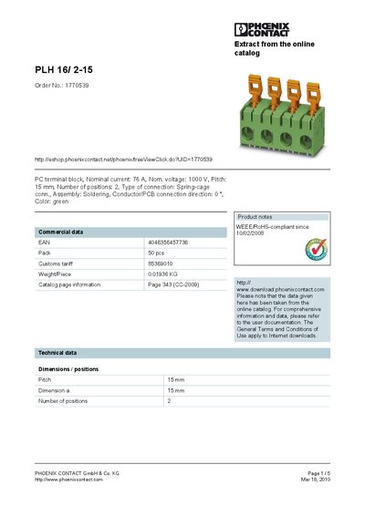 PHOENIX CONTACT PLH 16/ 2-15 Order No.: 1770539 handbook - cover page