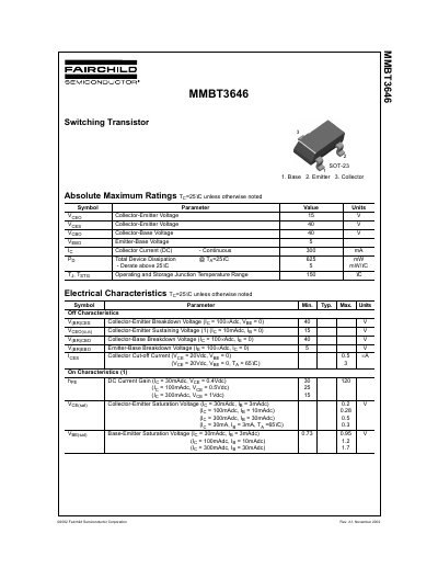 Fairchild MMBT3646 Switching Transistor Datasheet - cover page