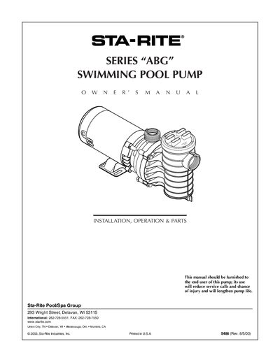 Sta-Rite ABG Series Swimming Pool Pump Owner's Manual - cover page