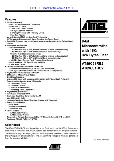 Atmel AT89C51RC2 Datasheet - cover page