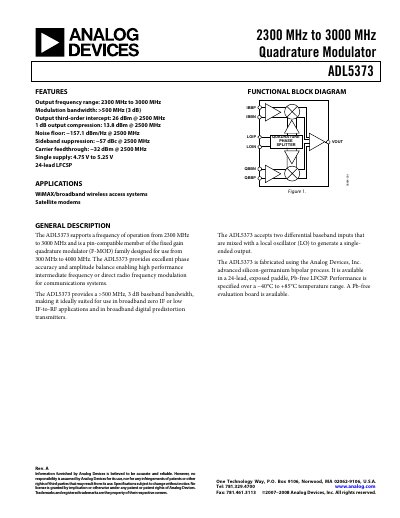 Analog Devices ADL5373 Quadrature Modulator Datasheet - cover page