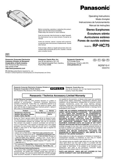 Panasonic RP-HC75 Stereo Earphones Operating Instructions - cover page