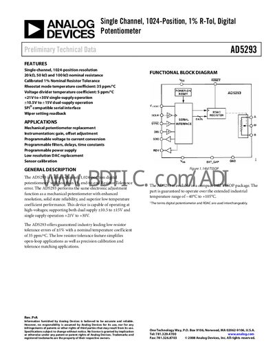 Analog Devices AD5293 Digital Potentiometer Datasheet - cover page