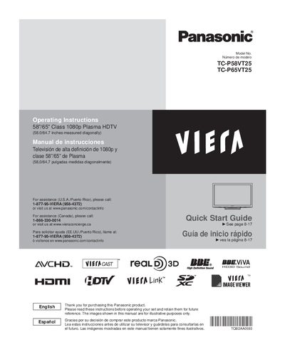 Panasonic TC-P58VT25/TC-P65VT25 Plasma HDTV Quick Start Guide - cover page