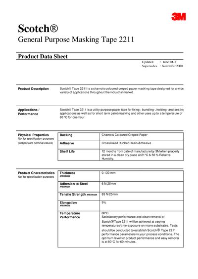 3M 2211 General Purpose Masking Tape Product Data Sheet - cover page