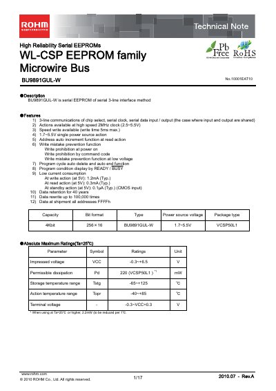 ROHM BU9891GUL-W Serial EEPROM Technical Note - cover page