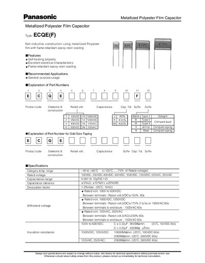 Panasonic ECQE(F) Metallized Polyester Film Capacitor Datasheet - cover page
