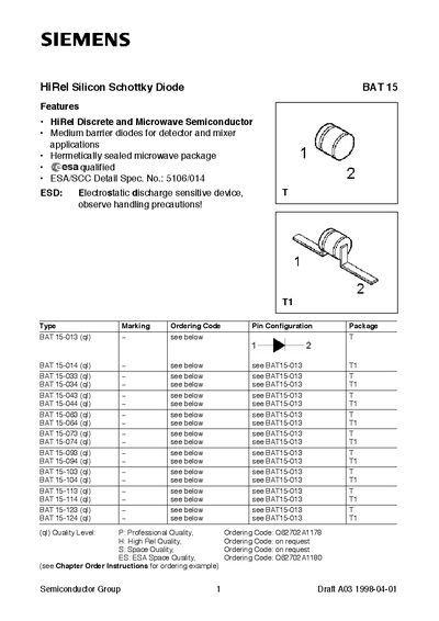 Siemens BAT 15 HiRel Silicon Schottky Diode Datasheet - cover page
