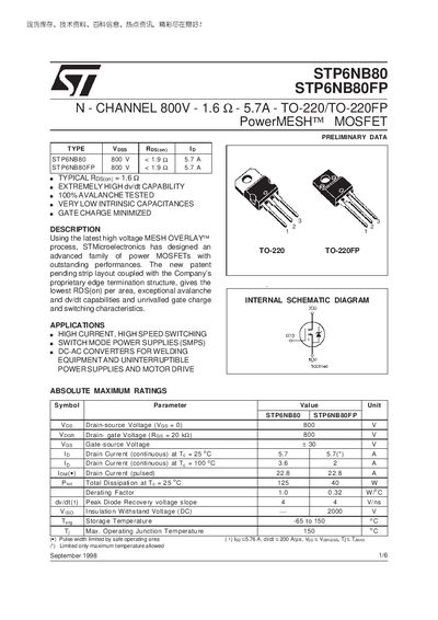 STMicroelectronics STP6NB80 / STP6NB80FP Datasheet - cover page
