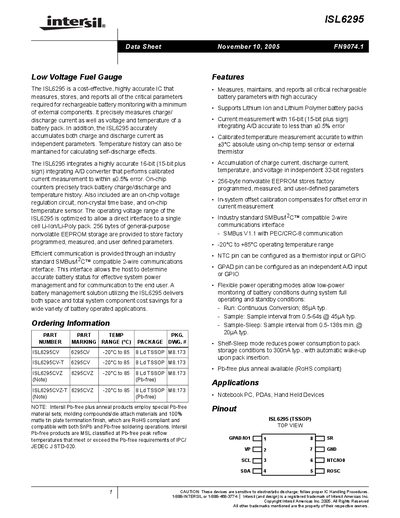 Intersil ISL6295 Low Voltage Fuel Gauge Datasheet - cover page