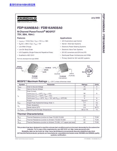 Fairchild FDP16AN08A0/FDB16AN08A0 N-Channel PowerTrench MOSFET Datasheet - cover page