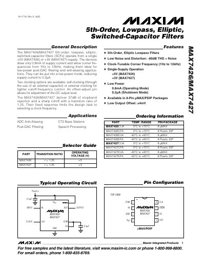 Maxim MAX7426/MAX7427 5th-Order Lowpass Elliptic Switched-Capacitor Filters Datasheet - cover page