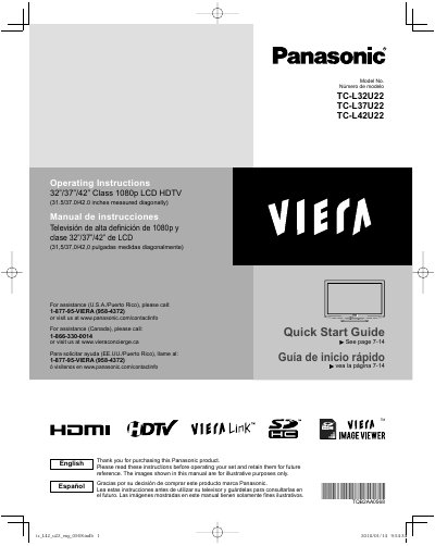 Panasonic TC-L32U22 TC-L37U22 TC-L42U22 1080p LCD HDTV Quick Start Guide - cover page