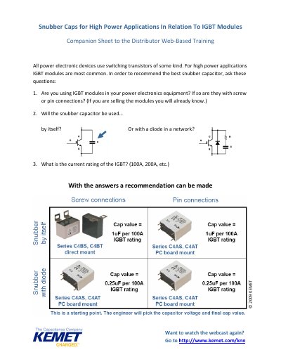 KEMET - Snubber Caps for High Power Applications In Relation To IGBT Modules Companion Sheet to the Distrib web-3ased tainin - cover page