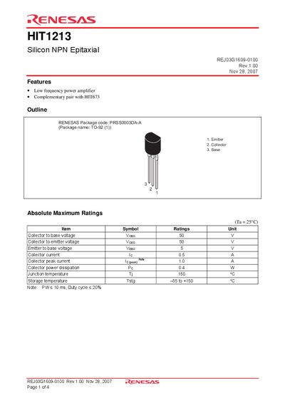 Renesas HIT1213 Datasheet - cover page