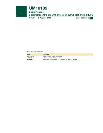 UM10109 P89LPC932A1 8-bit microcontrollers with two-clock 80C51 core 8-bit A/D user manual - cover page