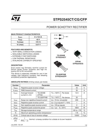 STMicroelectronics STPS2545CT/CG/CFP Power Schottky Rectifier Datasheet - cover page