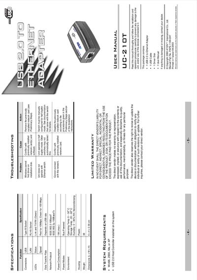ATEN UC-210T USB 2.0 to Ethernet Adapter User Manual - cover page