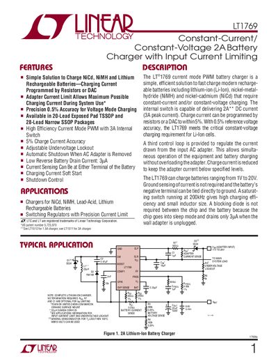 LINEAR TECHNOLOGY LT1769 1769fa Constant-Current/ Constant-Voltage 2A Battery Charger with Input Current Limiting handbook - cover page