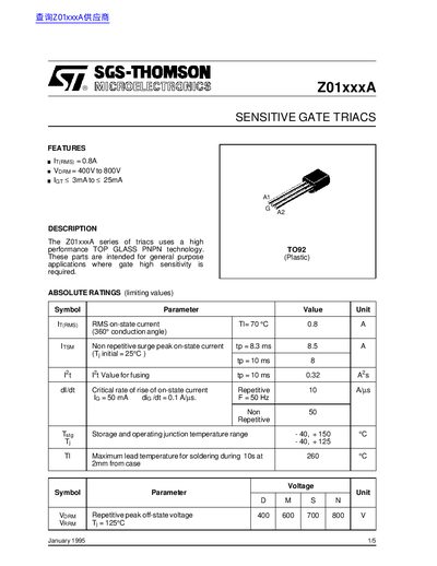 SGS-Thomson Z01xxxA Series Sensitive Gate Triacs Datasheet - cover page