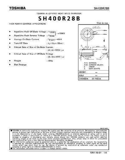Toshiba SH400R28B High Speed Thyristor Datasheet - cover page