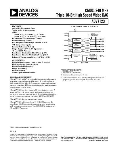 Analog Devices ADV7123 Datasheet - cover page