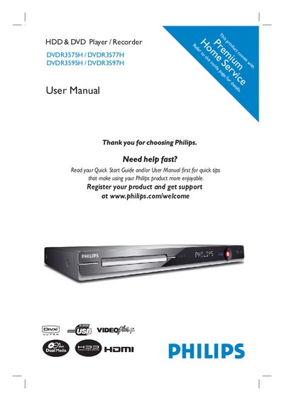 Philips DVDR3575H/DVDR3577H/DVDR3595H/DVDR3597H DVD/HDD Recorder User Manual - cover page