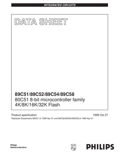 Philips 89C51/89C52/89C54/89C58 Microcontroller Product Specification Datasheet - cover page