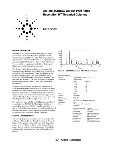 Agilent ZORBAX Eclipse PAH Rapid Resolution HT Threaded Column Datasheet - cover page