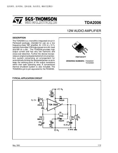 SGS-Thomson TDA2006 12W Audio Amplifier Datasheet