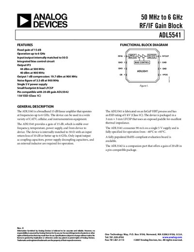Analog Devices ADL5541 RF/IF Gain Block Datasheet - cover page