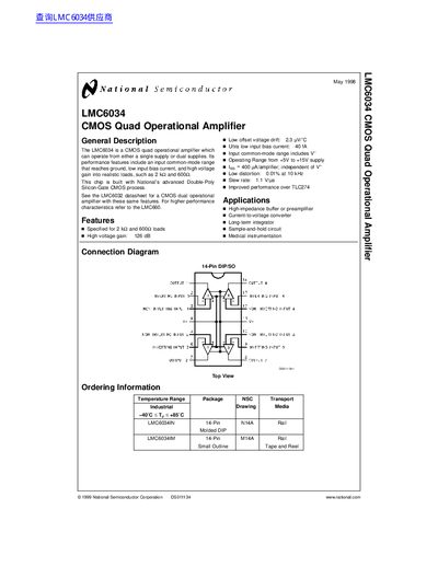 National Semiconductor LMC6034 CMOS Quad Operational Amplifier Datasheet - cover page