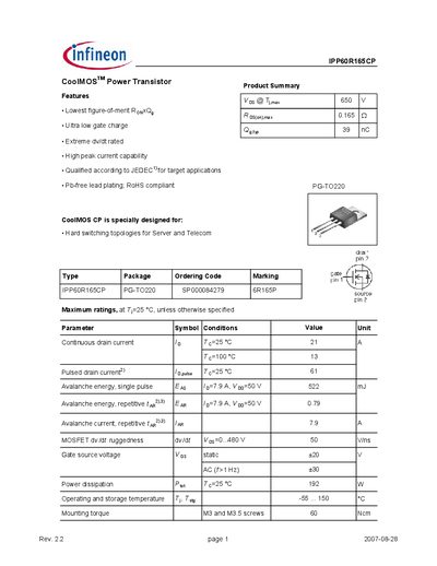 Infineon IPP60R165CP CoolMOS Power Transistor Datasheet - cover page