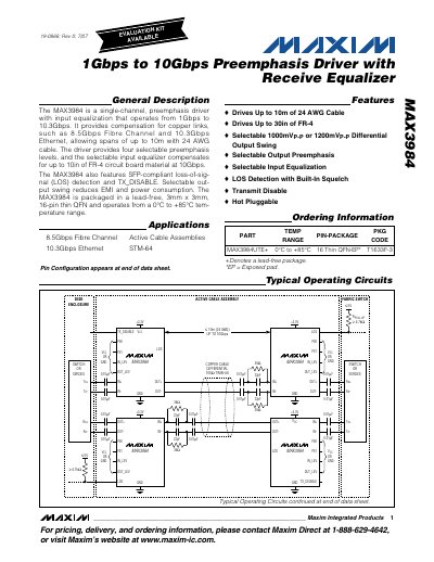 Maxim MAX3984 1Gbps to 10Gbps Preemphasis Driver with Receive Equalizer Datasheet - cover page