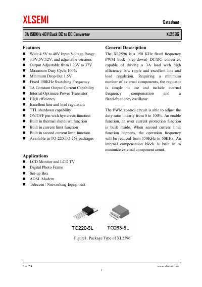 XLsemi XL2596 3A 150KHz 40V Buck DC to DC Converter Datasheet