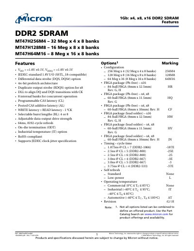 Micron MT47H256M4 / MT47H128M8 / MT47H64M16 DDR2 SDRAM Datasheet - cover page