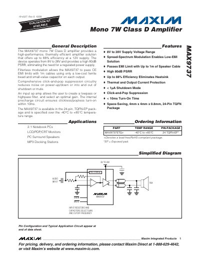 Maxim MAX9737 7W Mono Class D Amplifier Datasheet - cover page