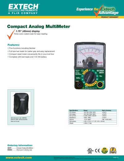 Extech 38070 Compact Analog MultiMeter Product Leaflet - cover page