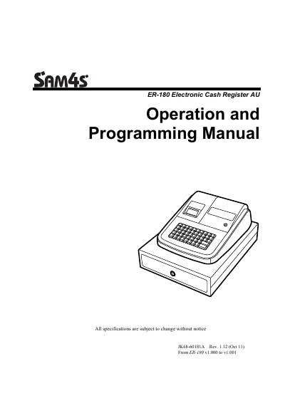 SAM4S ER-180 Electronic Cash Register Operation and Programming Manual - cover page