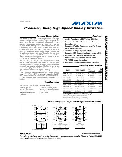 Maxim MAX301/MAX303/MAX305 Precision Dual High-Speed Analog Switches Datasheet - cover page