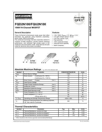 Fairchild FQD2N100/FQU2N100 1000V N-Channel MOSFET Datasheet - cover page