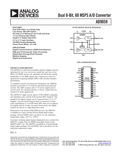 Analog Devices AD9059 Dual 8‑Bit 60 MSPS A/D Converter Datasheet - cover page