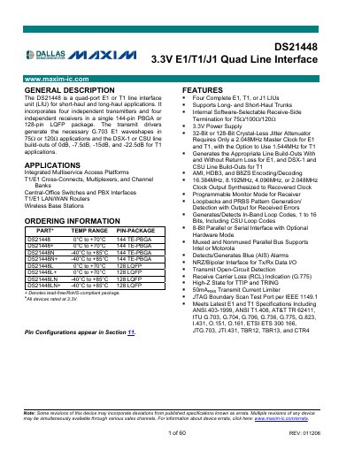 Maxim DS21448 3.3V E1/T1/J1 Quad Line Interface Manual - cover page