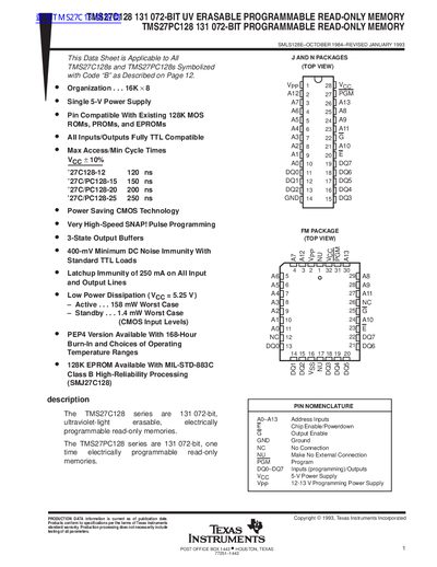 Texas Instruments TMS27C128/TMS27PC128 131072-Bit UV Erasable PROM Datasheet - cover page