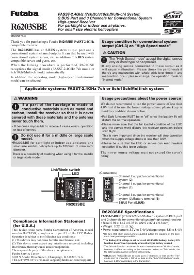 Futaba R6203SBE High-Speed Receiver User Manual