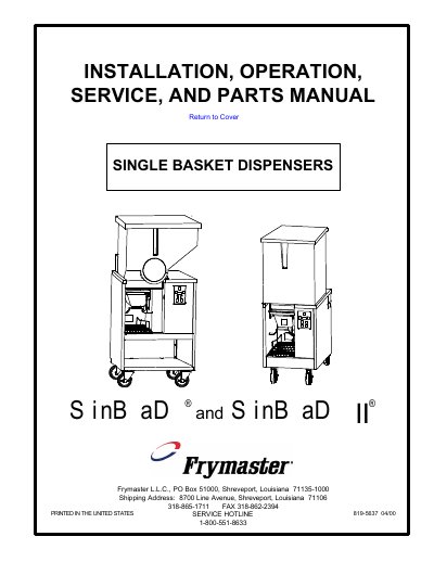 Frymaster SinBaD/SinBaD II Single Basket Dispensers Installation Operation Service Parts Manual - cover page