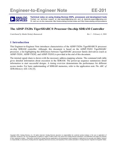 Analog Devices EE-201 ADSP-TS20x TigerSHARC Processor On-Chip SDRAM Controller Technical Notes