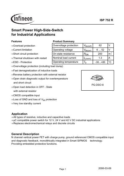 Infineon ISP 752 R Smart Power High‑Side Switch Datasheet - cover page