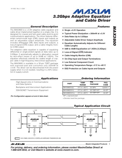 Maxim MAX3800 3.2Gbps Adaptive Equalizer and Cable Driver Datasheet - cover page