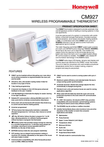 Honeywell CM927 Wireless Programmable Thermostat User Manual - cover page